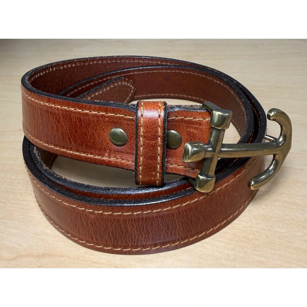 J.Crew Leather Belt Mens 34 Brown Anchor Buckle Nautical Made in USA 13088